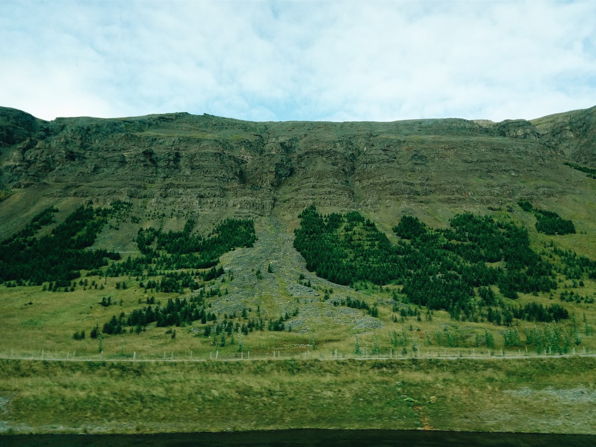 A green, grassy hillside dotted with patches of dark evergreen trees rises beneath a rocky cliff face under a cloudy sky.
