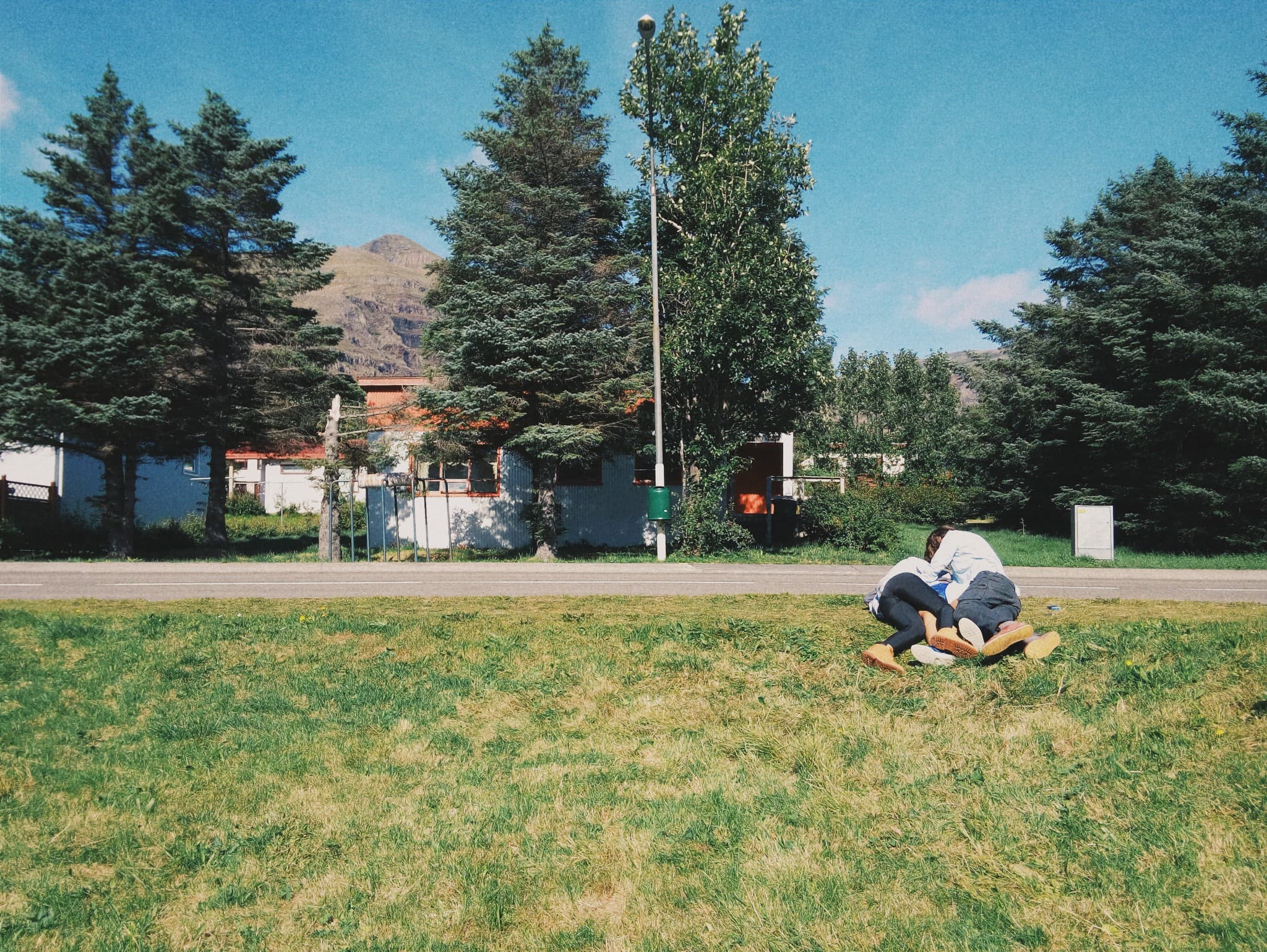 Two people are sitting close together on a grassy lawn in the foreground, with a road, tall pine trees, a white building, and a mountain visible in the background.