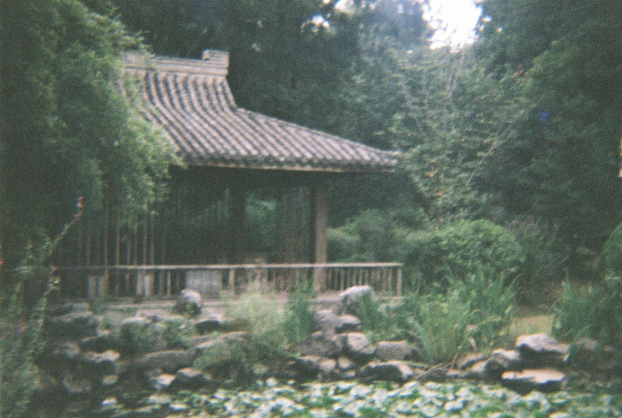 A traditional pavilion with a tiled roof stands surrounded by lush green trees and rocks near a pond.
