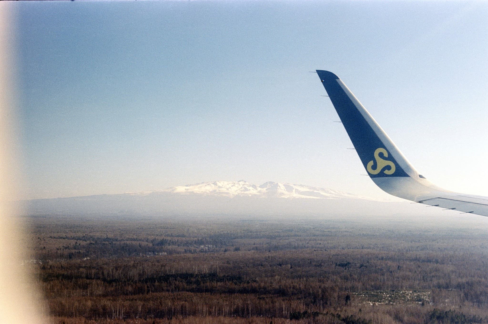 A view from an airplane window shows the wing on the right overlooking a vast forest and a distant snow-capped mountain.