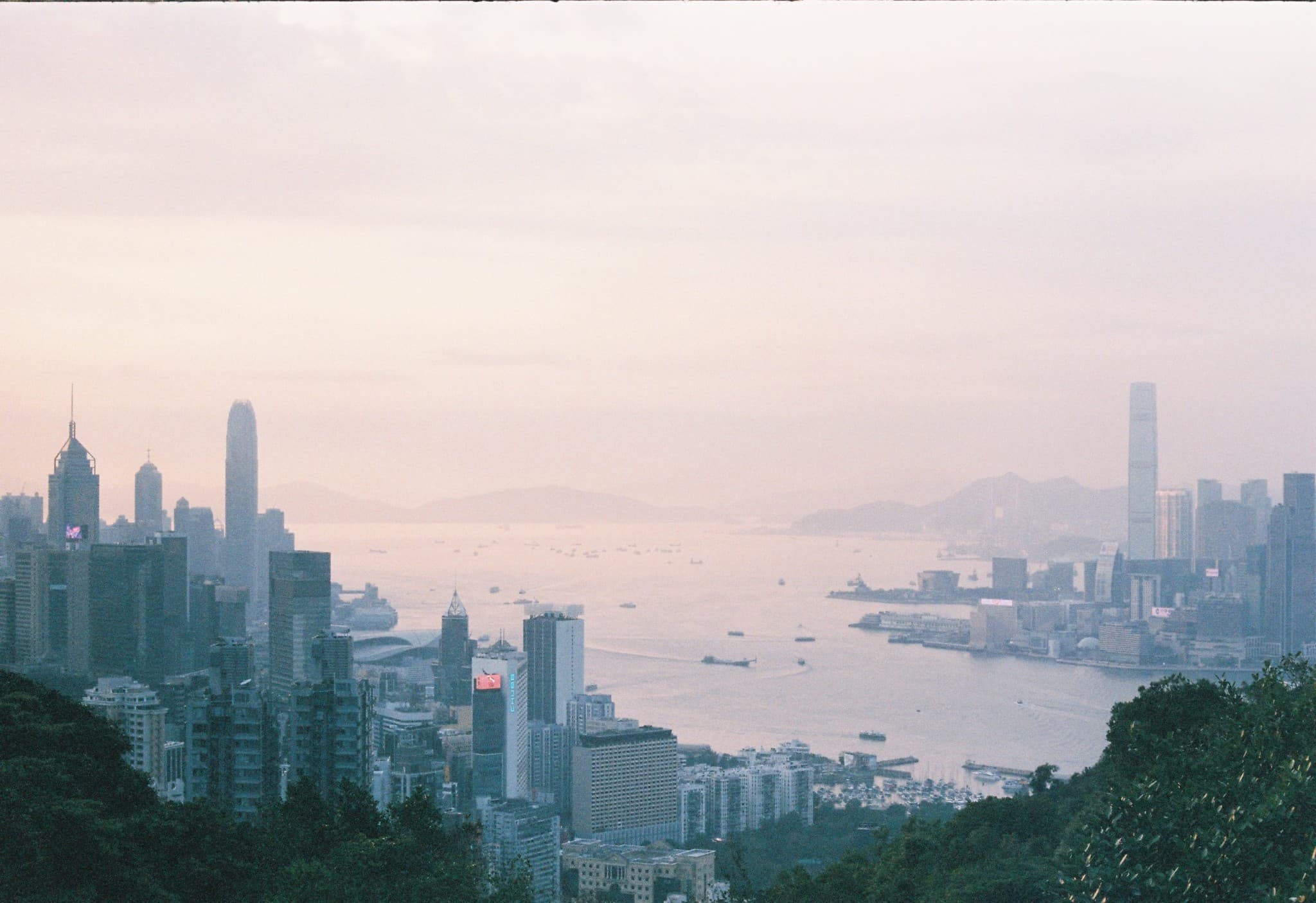 A panoramic view of a dense urban skyline with skyscrapers lining a wide harbor filled with boats, seen through a hazy, pale sky with green trees in the foreground.