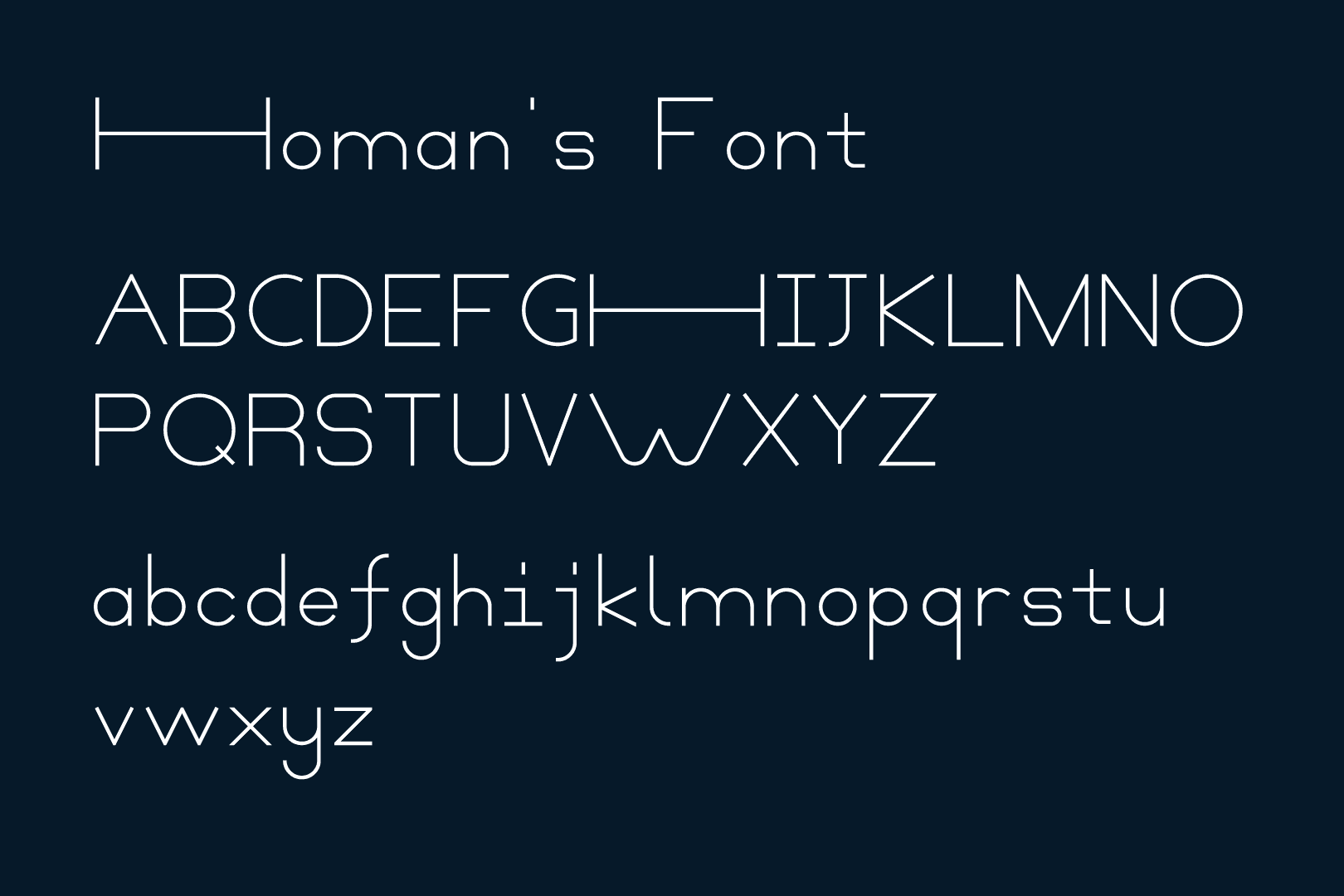 This image displays a font specimen titled "Homan's Font," showing the alphabet in thin, white sans-serif uppercase and lowercase letters against a dark blue background.