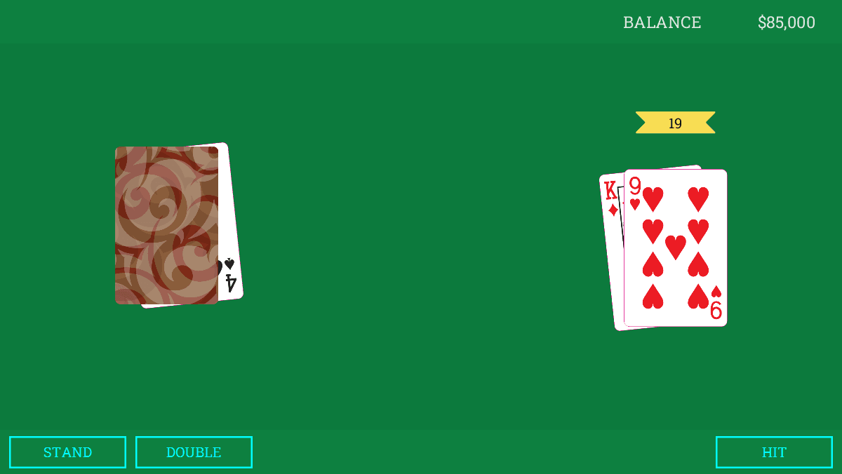 A digital blackjack game interface showing a player hand totaling 19 with a King and a 9 of Hearts, a dealer hand with a face-down card and a visible 4 of Spades, and buttons for Stand, Double, and Hit.