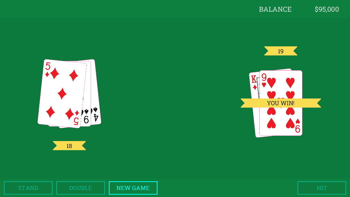 A digital blackjack game on a green felt table shows a player hand totaling 18 on the left and a dealer hand with a King and 9 of Hearts on the right, accompanied by a "You Win!" banner and a balance of $95,000.