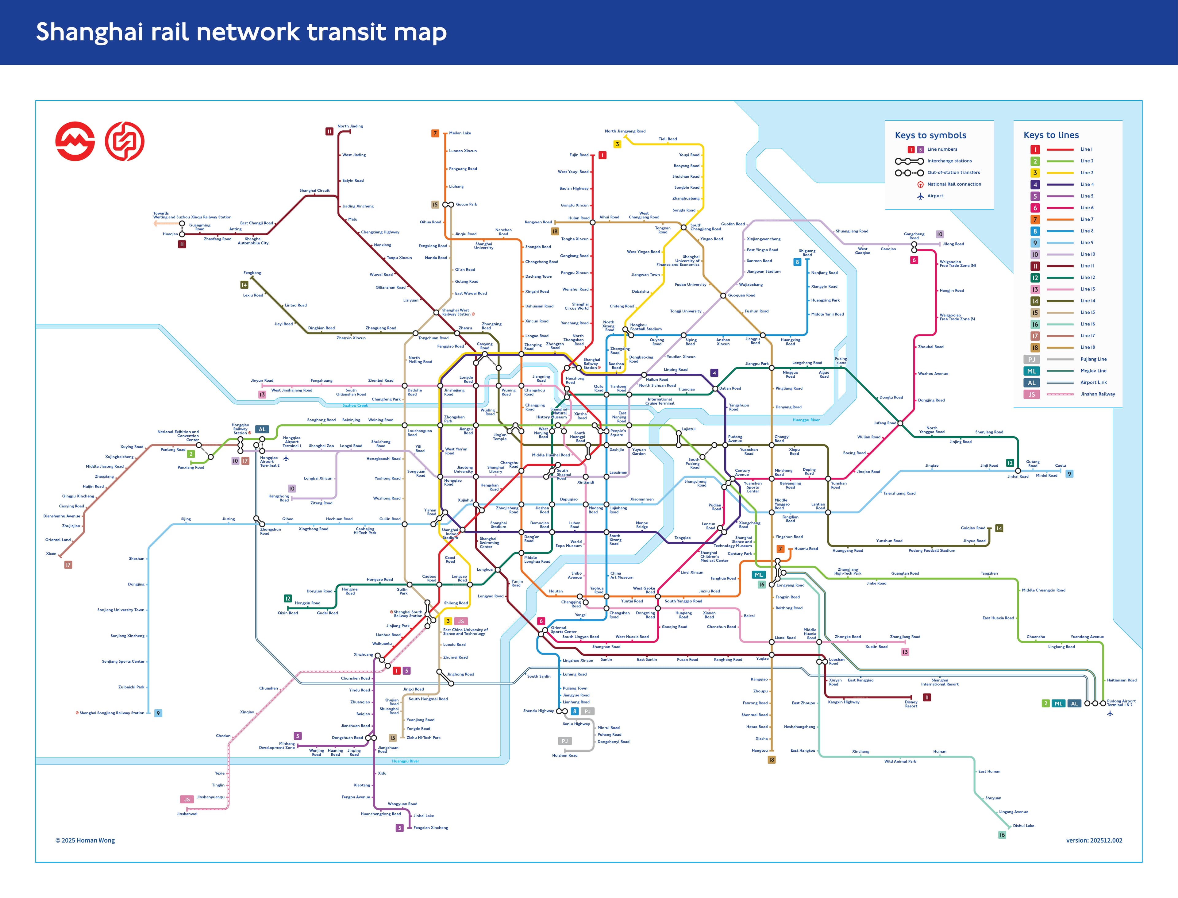 This image displays a detailed, colorful schematic map of the Shanghai rail network transit system, showing various metro lines, stations, and interchange points.